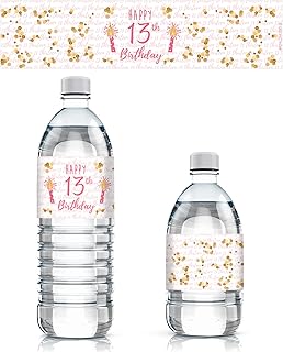 Girls 13th Birthday Party Water Bottle Labels, Pink and Gold (24 Stickers)
