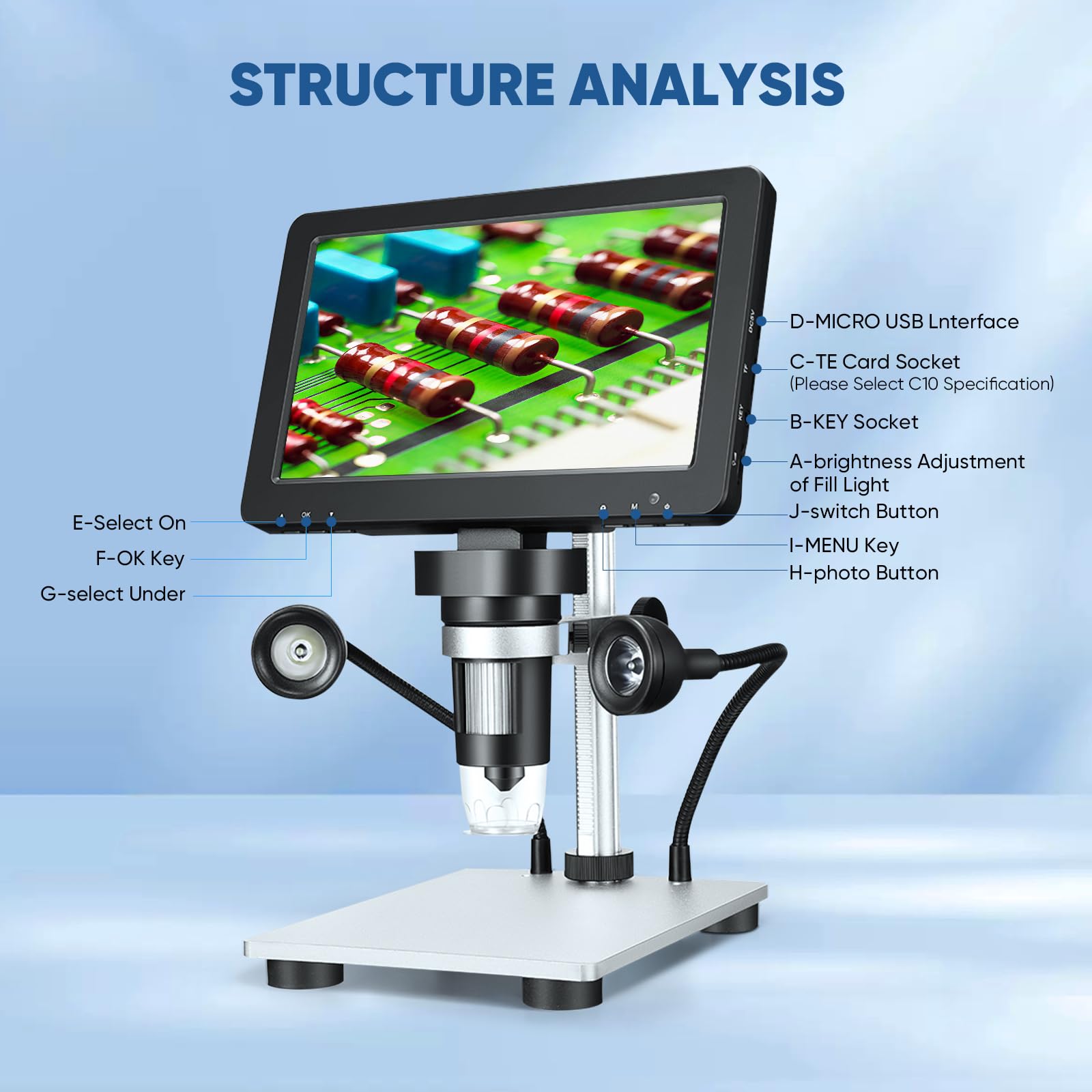 Microscopio Digitale 7" 1200x 12MP con Schermo Ruotabile HD/ 8 Luci LED/12 Lingue/10 cm Distanza Lavoro/Controller Filo Microscopio Usb per Riparazione Elettronica