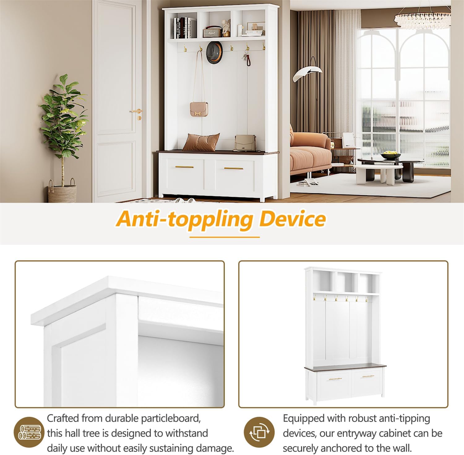 Linique Entryway Hall Tree with 2 Storage Drawers, Brown Wood Grain Bench Seat, 6 Golden Metal Hooks and Handles, Top Shelf, Wooden Hallway Coat Rack, Modern Coat Hanger for Living Room, White