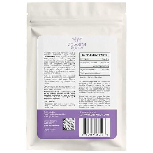 Miniatura 2 de Zhivana Organics - Té orgánico de sauzgatillo 4 onzas, hierba Vitex agnus-castus, para el equilibrio femenino, apoya la armonía hormonal, la