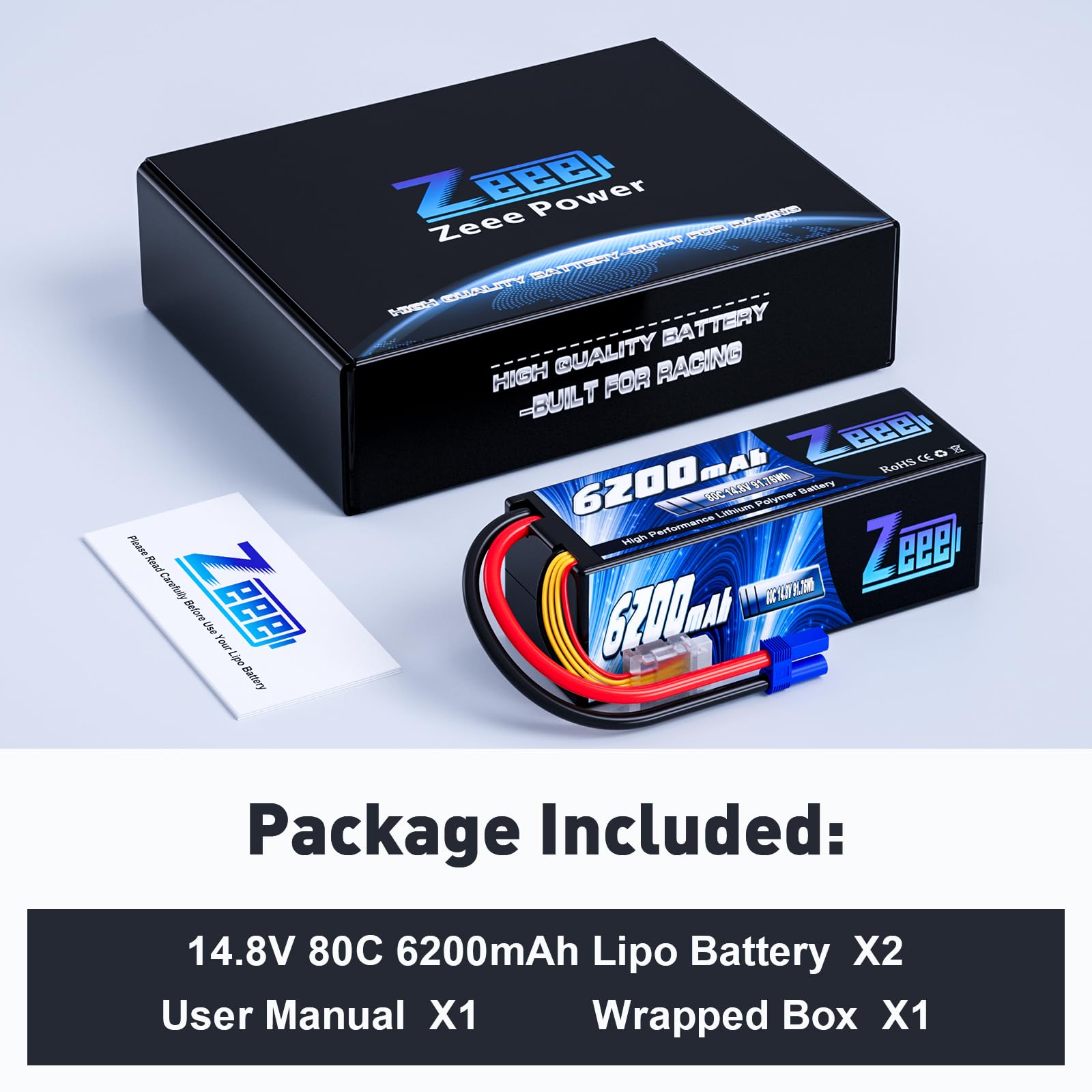 Zeee 4S Lipo Batteria 14,8V 80C 6200mAh Batteria RC Hardcase con Connectore EC5 Spina per RC Evader BX RC Veicolo Auto LKW Truggy RC Nave RC Modells RC Hobby (2 pezzi)