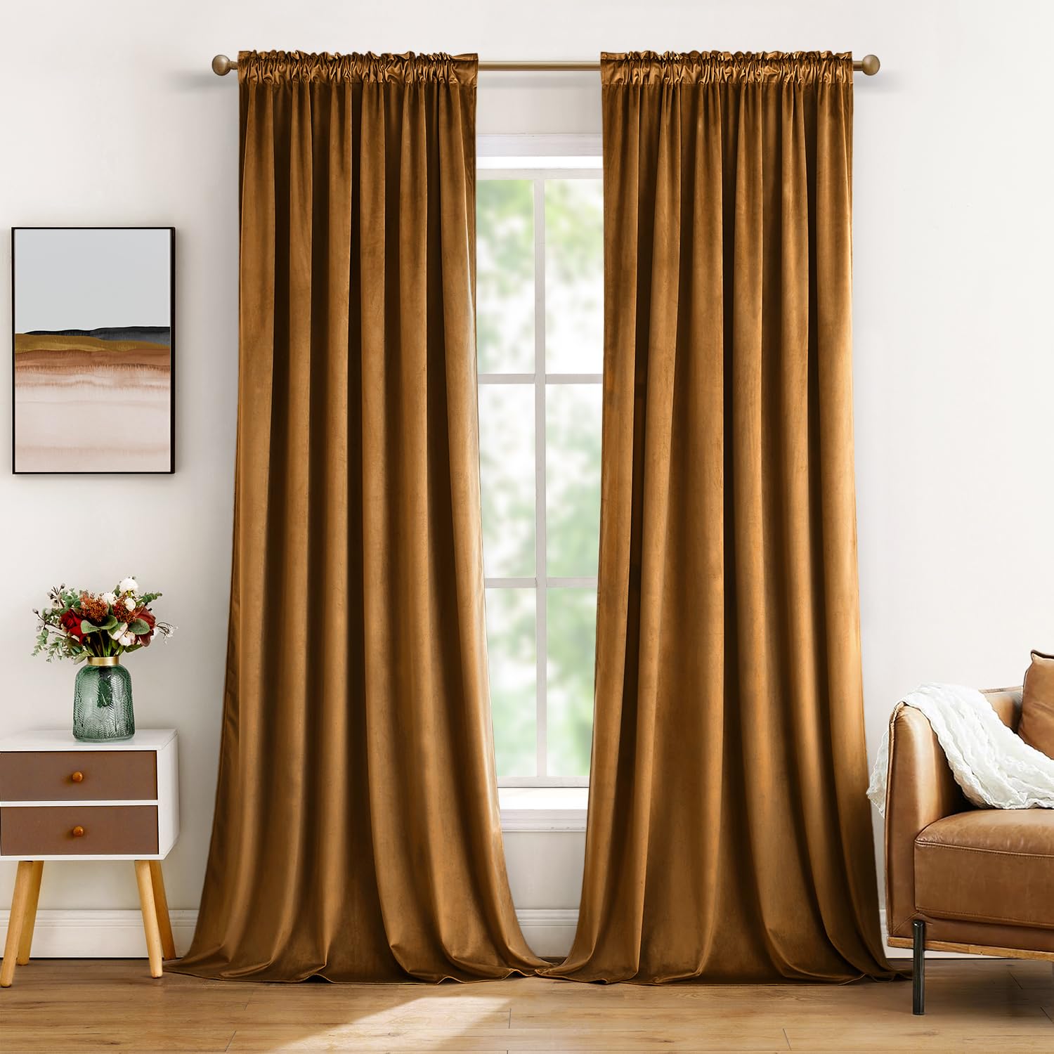 MIULEE Golden Brown Blackout Velvet Curtains Drapes 84 Inch Long 52"x84"