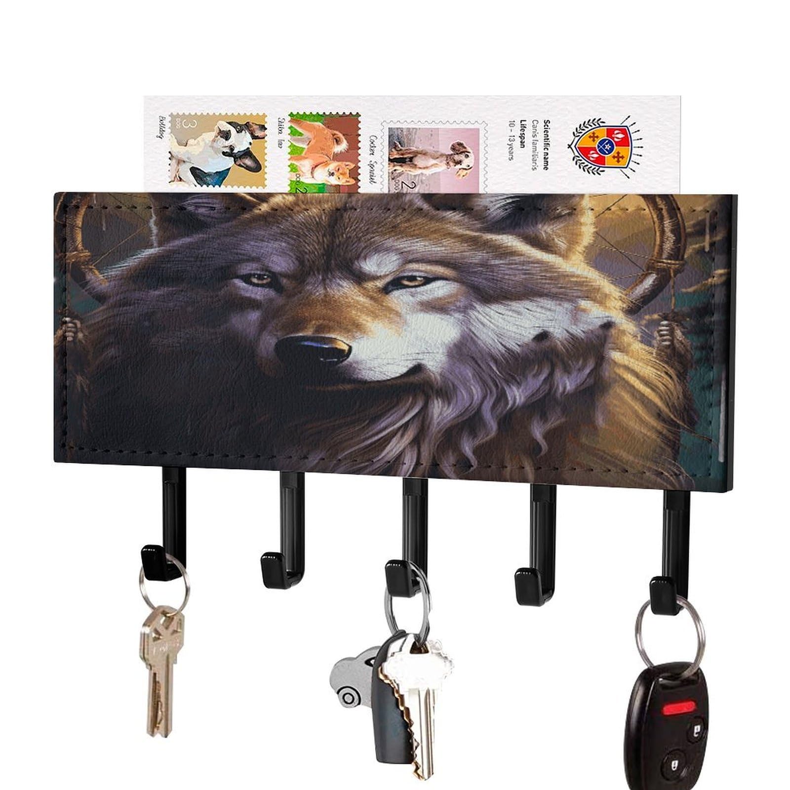 LDGSUPH Wolves and Dream Catchers Key Holder Wall Mount Key Hanger with 5 Hooks Fashion Key Organizer Rack Hanging Key Hooks with Mail Organizer Key Rack for Home Entryway Hallway Black-Style