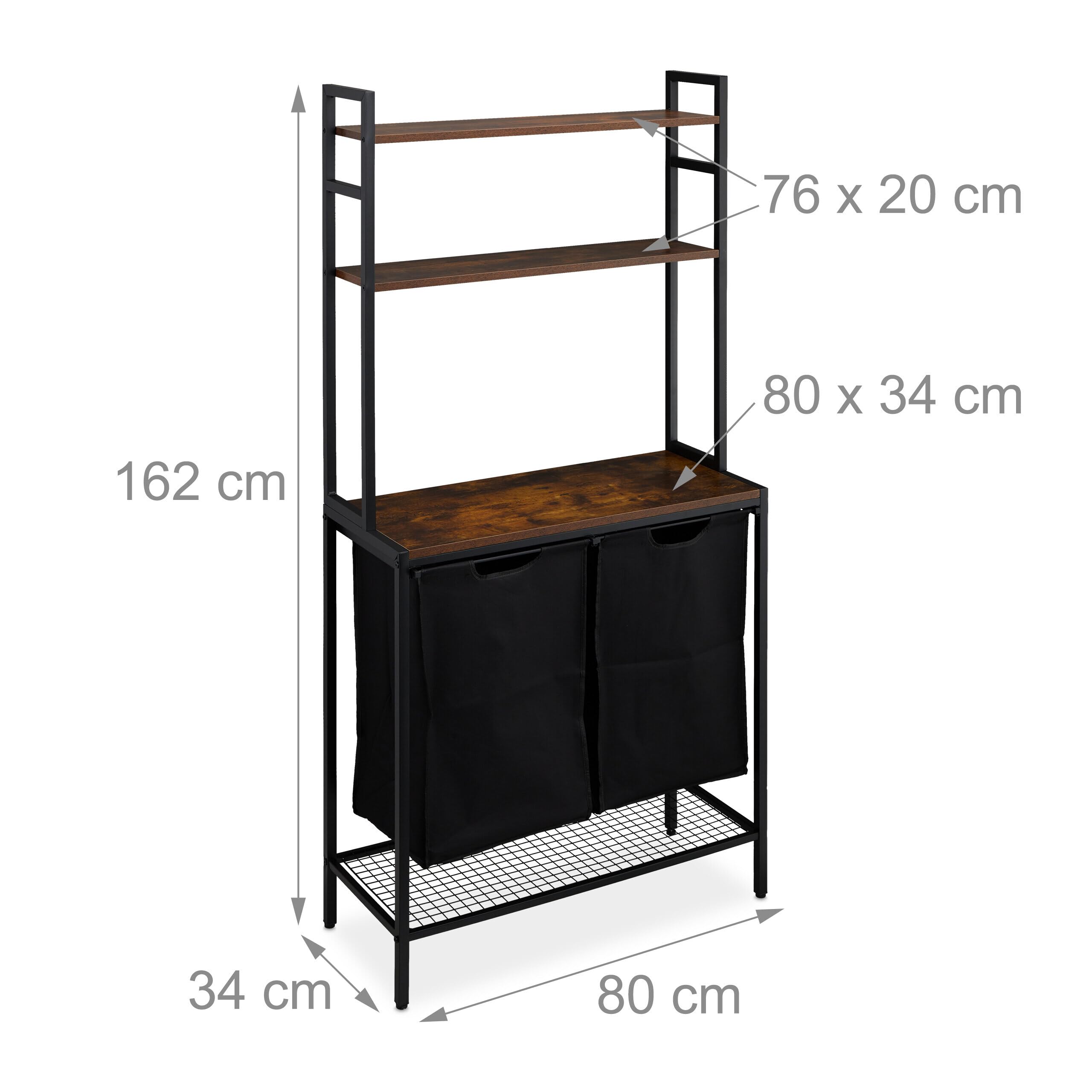Relaxdays Mueble para Ropa Sucia, 2 Cestos Extraíbles, Estantería Colada 162x80x34 cm, Diseño Industrial, Negro y Marrón