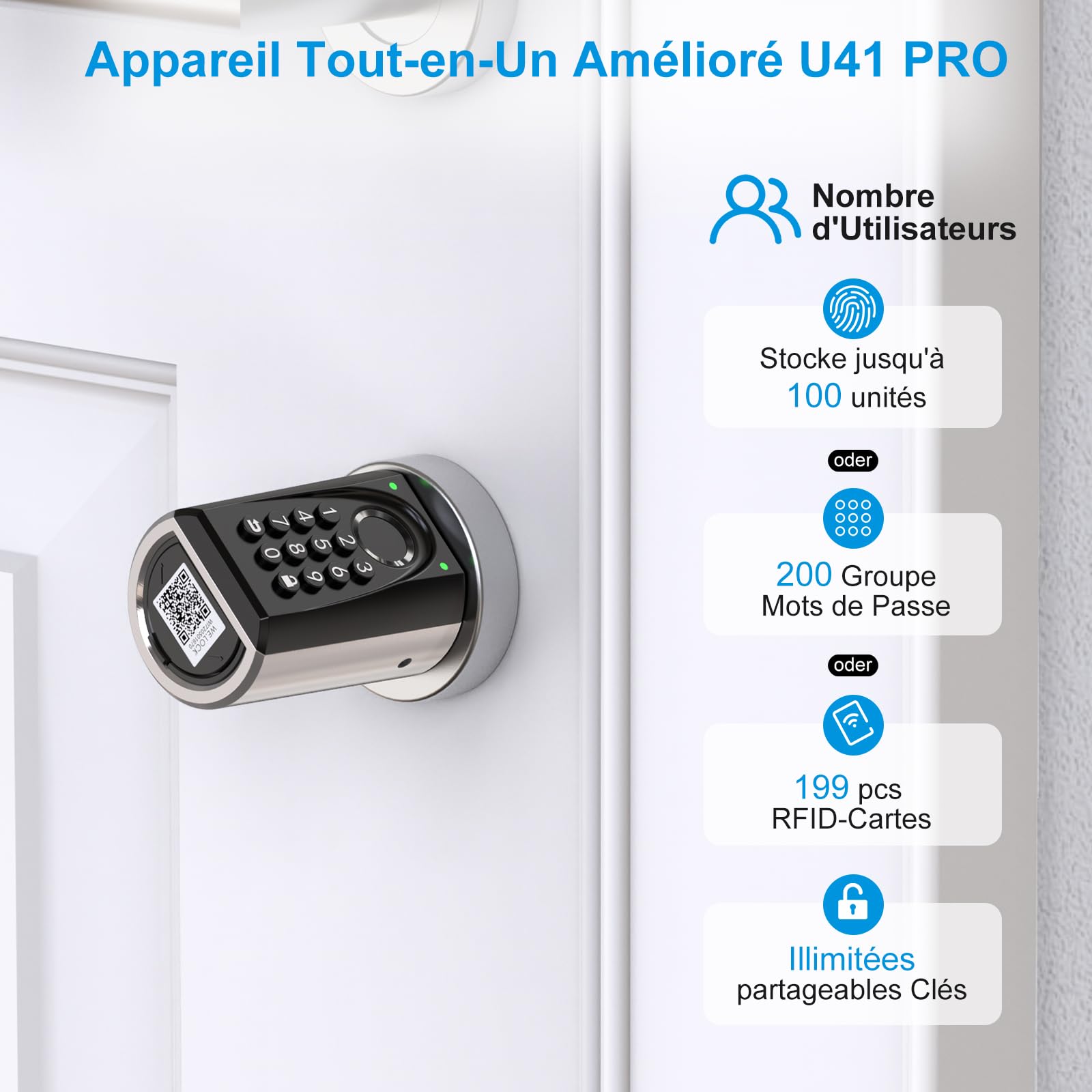 WELOCK ToucA51 Pro Serrure Connectée,Serrure Empreinte Digitale | Password,RFID Carte et APP,serrure à code WiFi,Cylindre Connecté 40×30 pour porte de 50 à 100mm,Facile à installer,Smart Lock