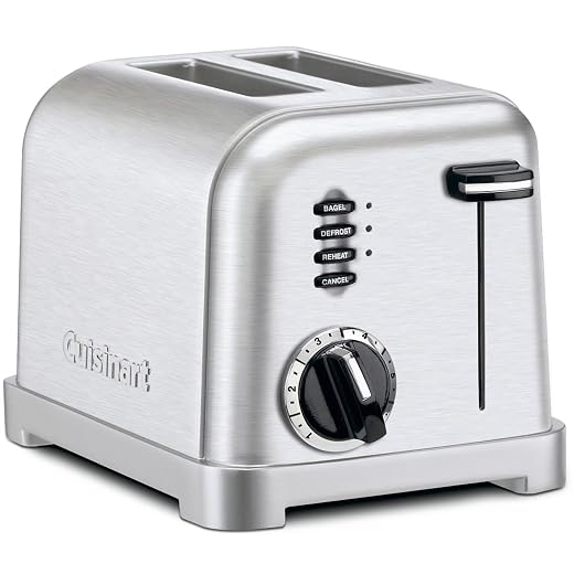 Cuisinart CPT-160P1 Metal Classic 2-Slice Toaster, Brushed Stainless Steel, 6 Shade Settings, 1.5" Wide Slots for Bagels & Bread, Defrost/Reheat Functions, Extra-Lift Lever, Slide-Out Crumb Tray