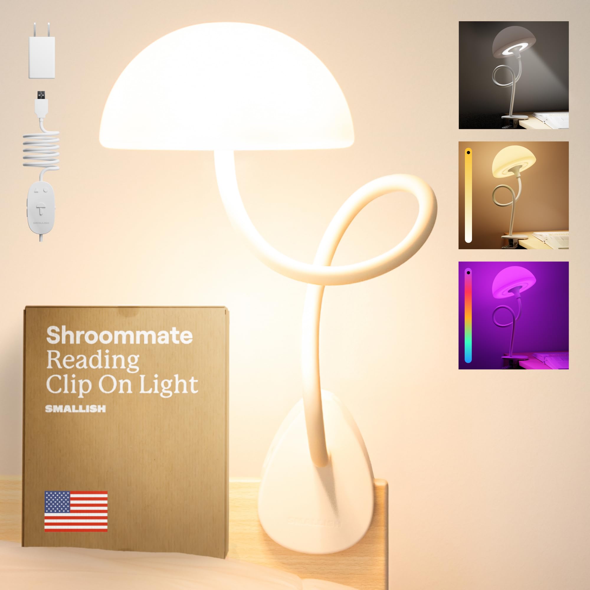 Piccola lampada da comodino regolabile Shroommate con clip, lampada da lettura per cameretta dei bambini, scrivania, testiera, LED multicolore intercambiabile con adattatore (bianco)