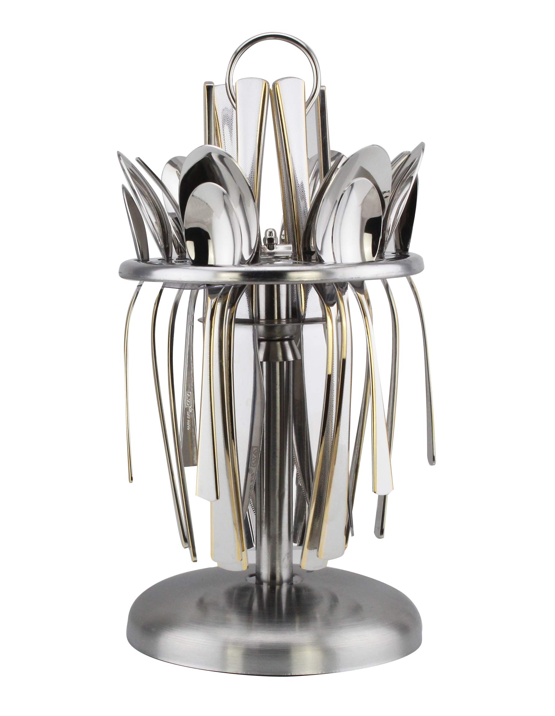 24 Piece Silverware Flatware Cutlery Set With Round Stand, Stainless Steel Includes 6 Knife, Fork, Tea Spoon, Dinner Mirror Polished, Dishwasher Safe