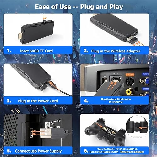 Vista 5 de Retro Gaming Console M8 64G Wireless Game Stick,20000+ Games 4K HDMI Output Plug and Play Handheld Game Console with 2.4G Wireless Controller