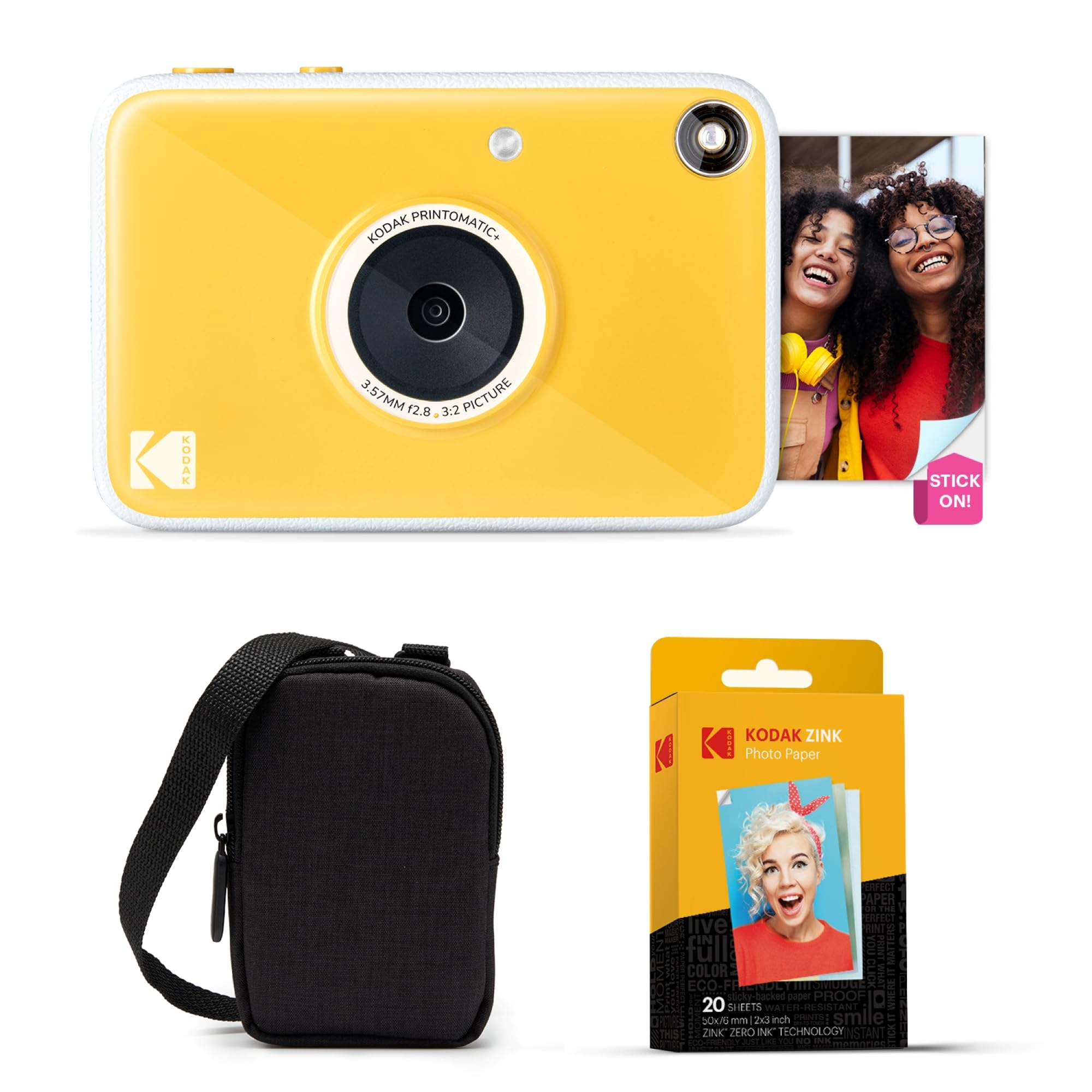 Kodak Printomatic+ Instant Print Digital Camera Starter Bundle + Carrying Case + Zink 20pk Sticky-Back Photo Paper - 10MP, Full-Color Photos, GB LED Status Indicator - Yellow