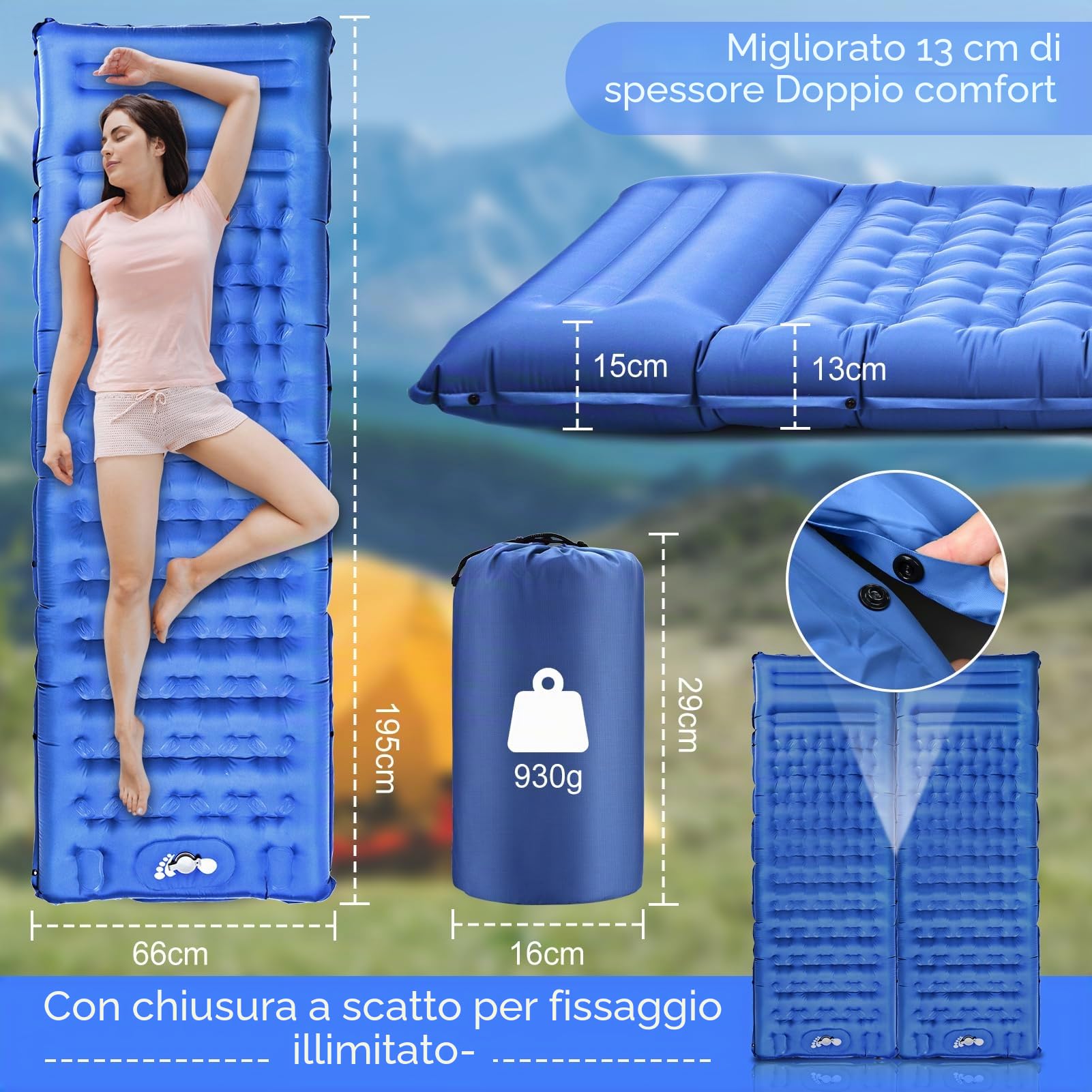 Materassino autogonfiante, 2024, materasso ad aria migliorato e confortevole, spessore 13 cm, con cuscino integrato e pompa a piedi, materassino isolante per campeggio/zaino/avventura