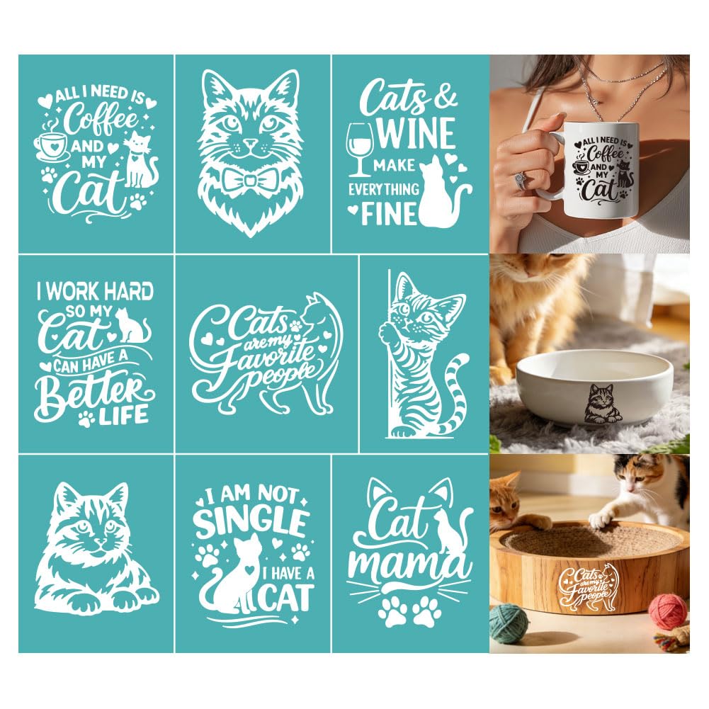 GOMAKERER 2 Sheets Cat Themed Silkscreen Stencil, Funny Quotes Coffee Self-Adhesive Silk Screen Printing Stencils Reusable Mesh Stencil for Painting on Wall, Wood, T-Shirt, Home Craft โ image 1
