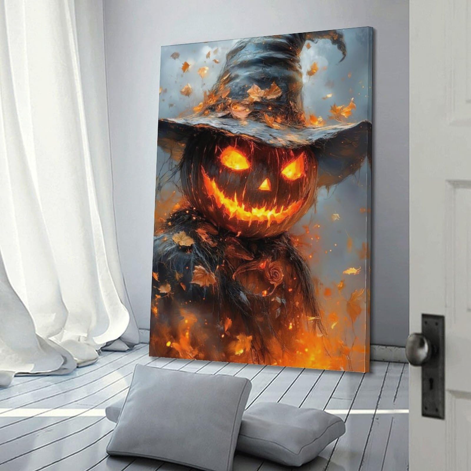 Poster su tela con stampa moderna per la casa, poster di Halloween con zucca e fiamma, immagine del mago con scritta "Is Cool And Has Festival Sense" (50 x 75 cm) con cornice