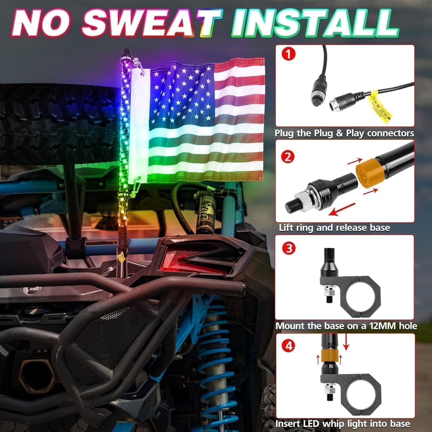 LED Whip Lights, AKD Part 2PCS 2FT UTV ATV Lighted Whips Bluetooth APP/Remote Control RGB LED Whips Antenna Flags for UTV SXS Side by Side Trucks RZR Can-Am Kawasaki Honda Yamaha Accessories