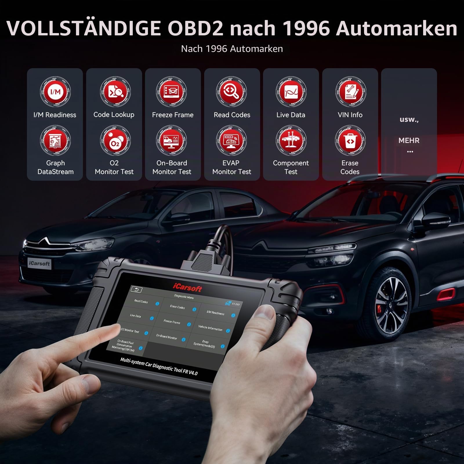 iCarsoft FR Universal Diagnosegerät für Peugeot/Citroen/Renault/FIAT/Dacia, Vollsystem OBD2-Scanner, 43+ Service-Code-Leser, bidirektionaler Test, Auto VIN, WLAN-Update