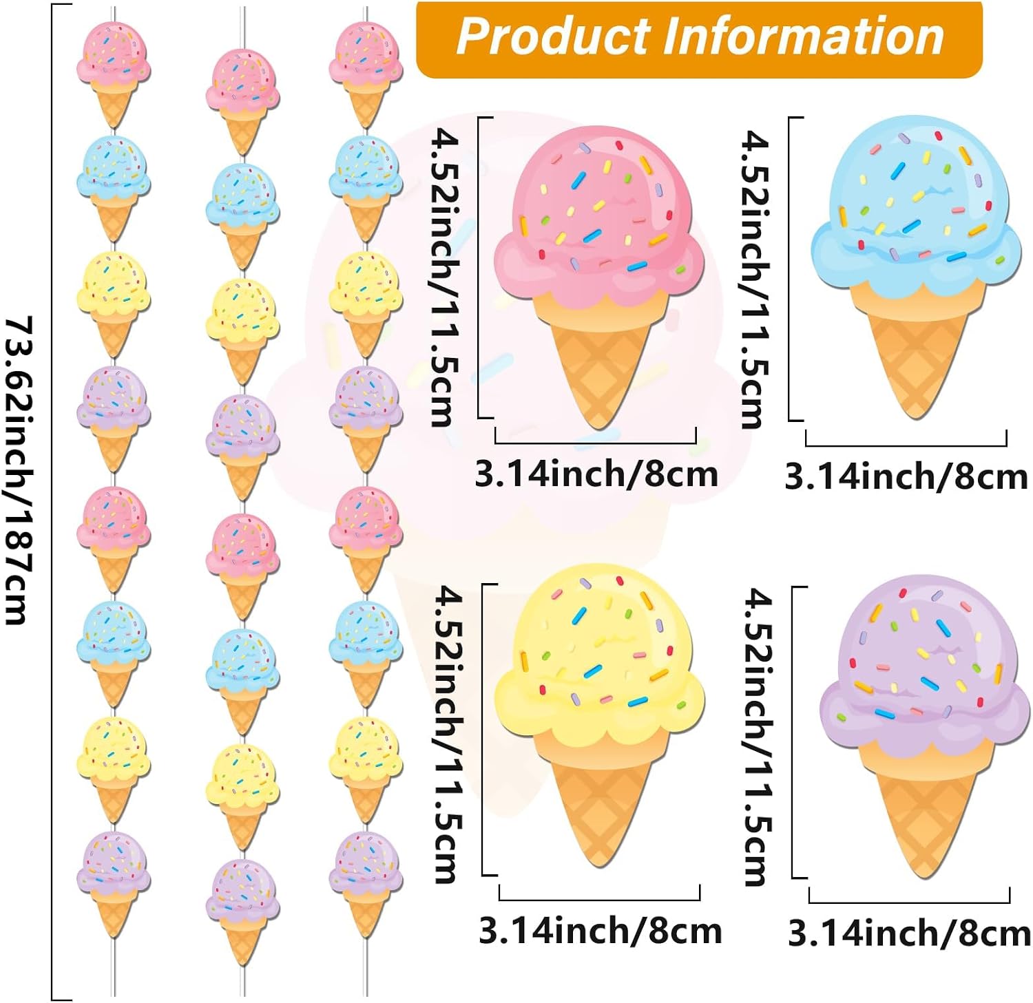 12 Pcs Ice Cream Birthday Party Decorations Pastel Banners Garland Kit Ice Cream Themed Hanging Swirls Streamers Birthday String for Summer Beach Baby Shower 1st Girl Favor Party Supplies Decor
