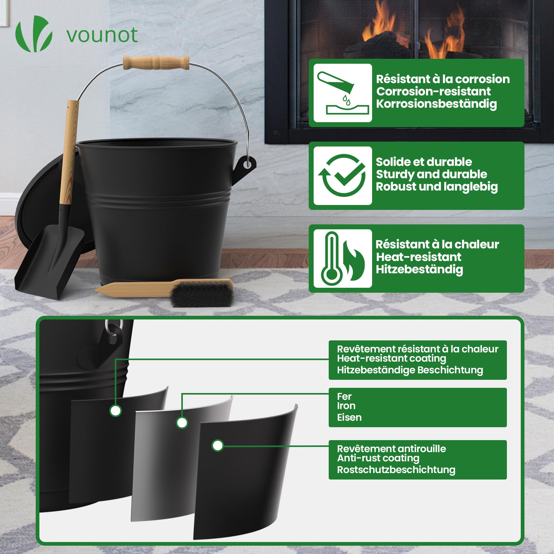 VOUNOT® Cubo Cenizas con Tapa y Set Barrido 5L Contenedor Ceniza con Asa, Pala y Escoba de Mano, Accesorios para Chimenea Estufa, Recipiente con Asas para Carbón y Restos de Leña, Metálico, Negro