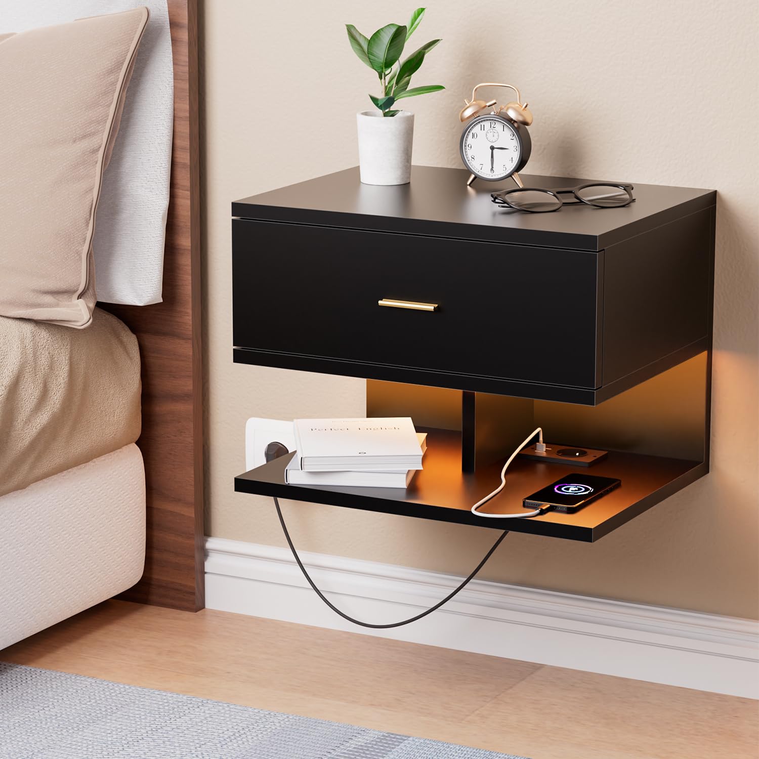 Juego de 2 Mesitas de Noche Flotante Mesilla de Noche con Enchufe y Tira de luz RGB Mesita de Noche Suspendida con 1 Cajón y 2 Compartimento para Dormitorios, Salones, Bianco