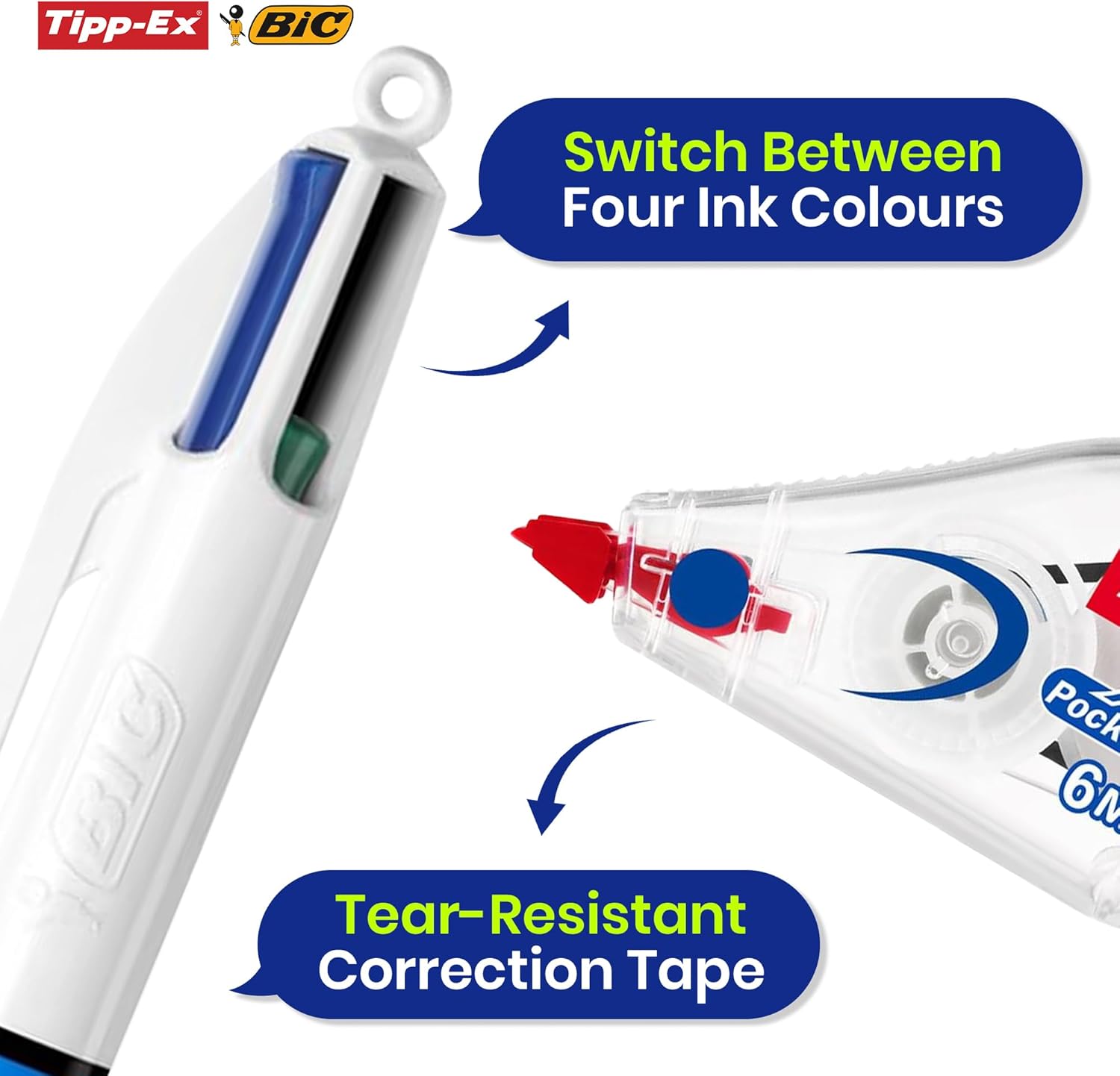 BIC 4 Colours Original Pens Pack of 12 with Blue, Red, Green, Black Ink & Tipp-Ex Mini Pocket Correction Tapes Pack of 3, Durable and Compact Bundle for Writing, Editing, and Daily Tasks