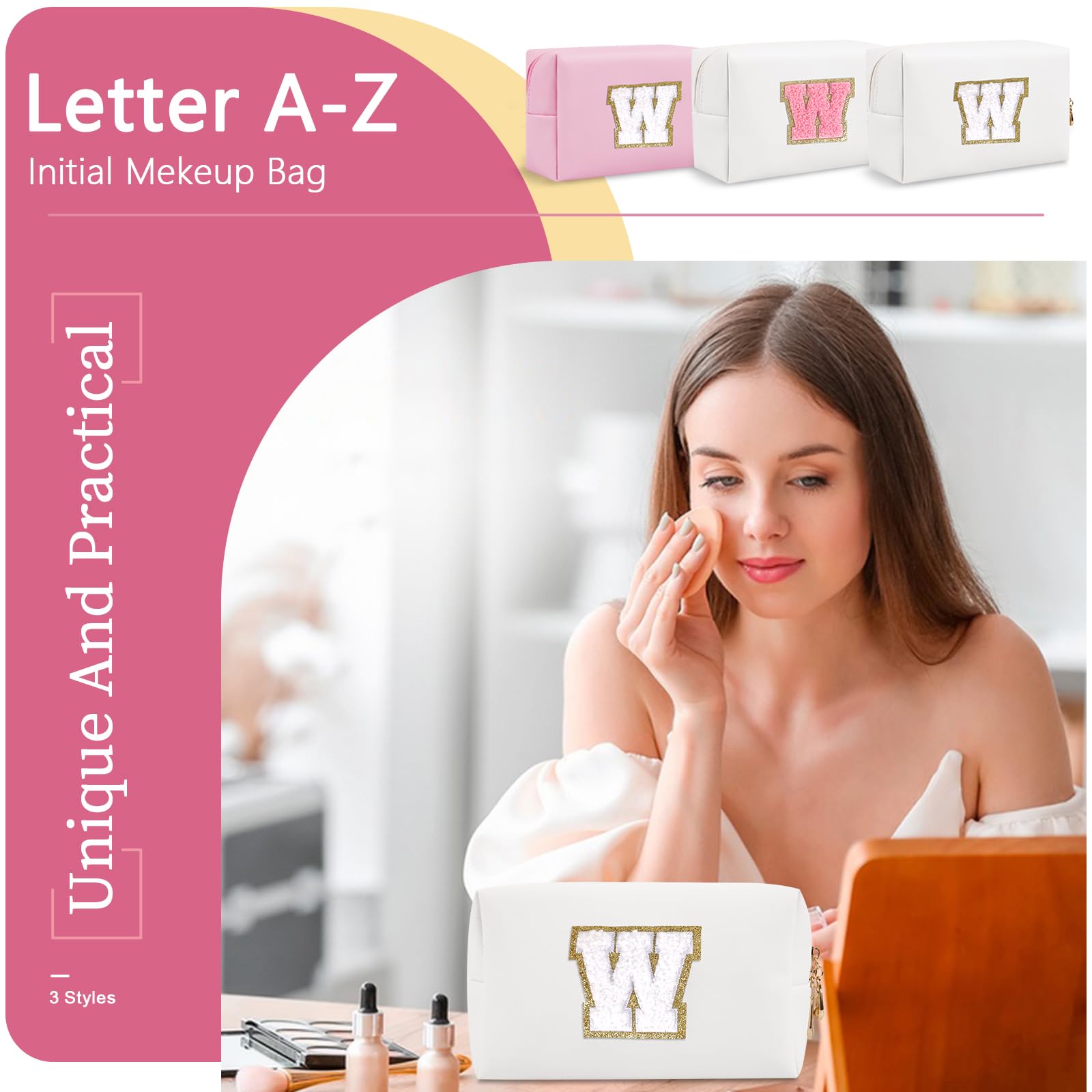 Personalisierte A-Z Kosmetiktasche, Kleine Reisetasche mit Reißverschluss, Süße weiße Kulturbeutel, Geschenk für Mädchen und Frauen Geburtstag, Weißer, weißer Buchstabe, W, modisch