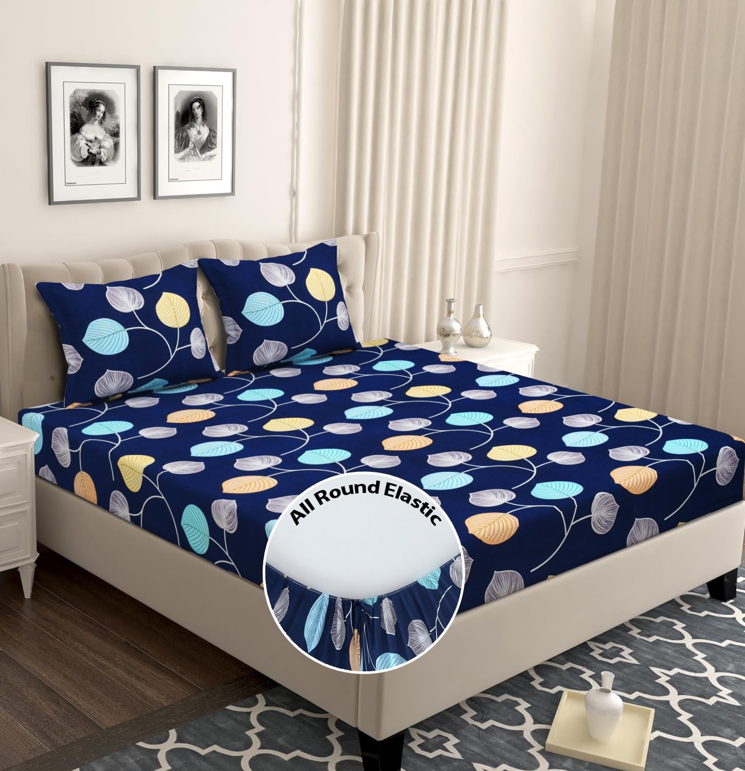 BSB HOME Premium Cotton 160 TC 210Tc Elastic Fitted Bedsheets with 2 Pillow Covers|Double Bed with Corner Elastic Wrinkelfree Supersoft Floral Pattren Breathable |Size-72X68+ 6 Inches |Multicolour5