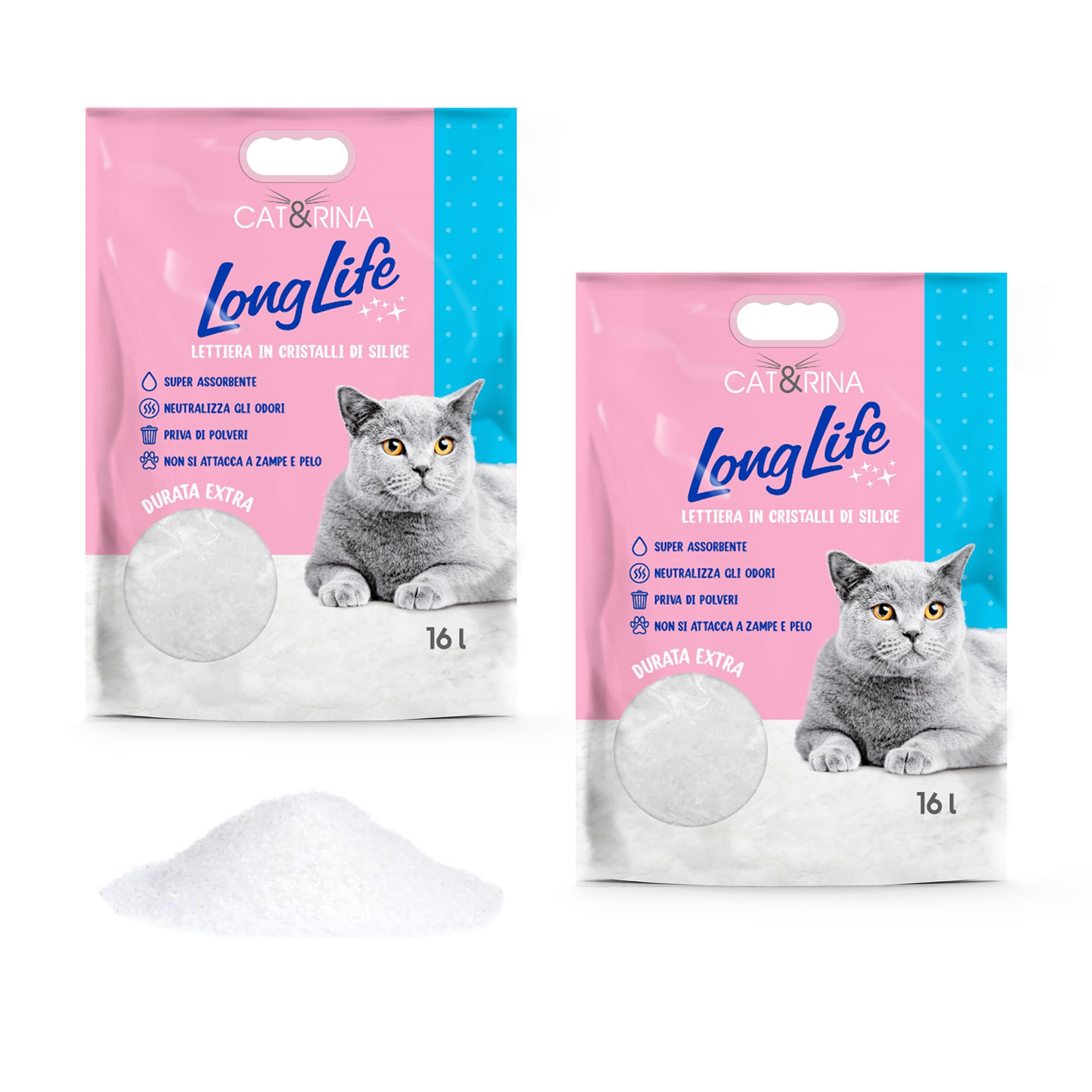 Cat&Rina LongLife, kit 2 confezioni lettiera per gatti silicio da 16L cad. Lettiera gatto con cristalli di silicio. Pacco scorta fino a 6 mesi di sabbia gatti anallergica e batteriostatica. Inodore