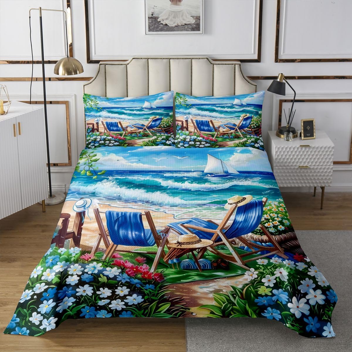 Homewish Beach Scenery Bedspread King Size,Coastal Ocean Wave Coverlet Set Room Decor Kids Teens Adult,Blue Lounge Chair Bedding Quilt,Colorful Wildflowers Quilted Coverlet,2 Pillowcases