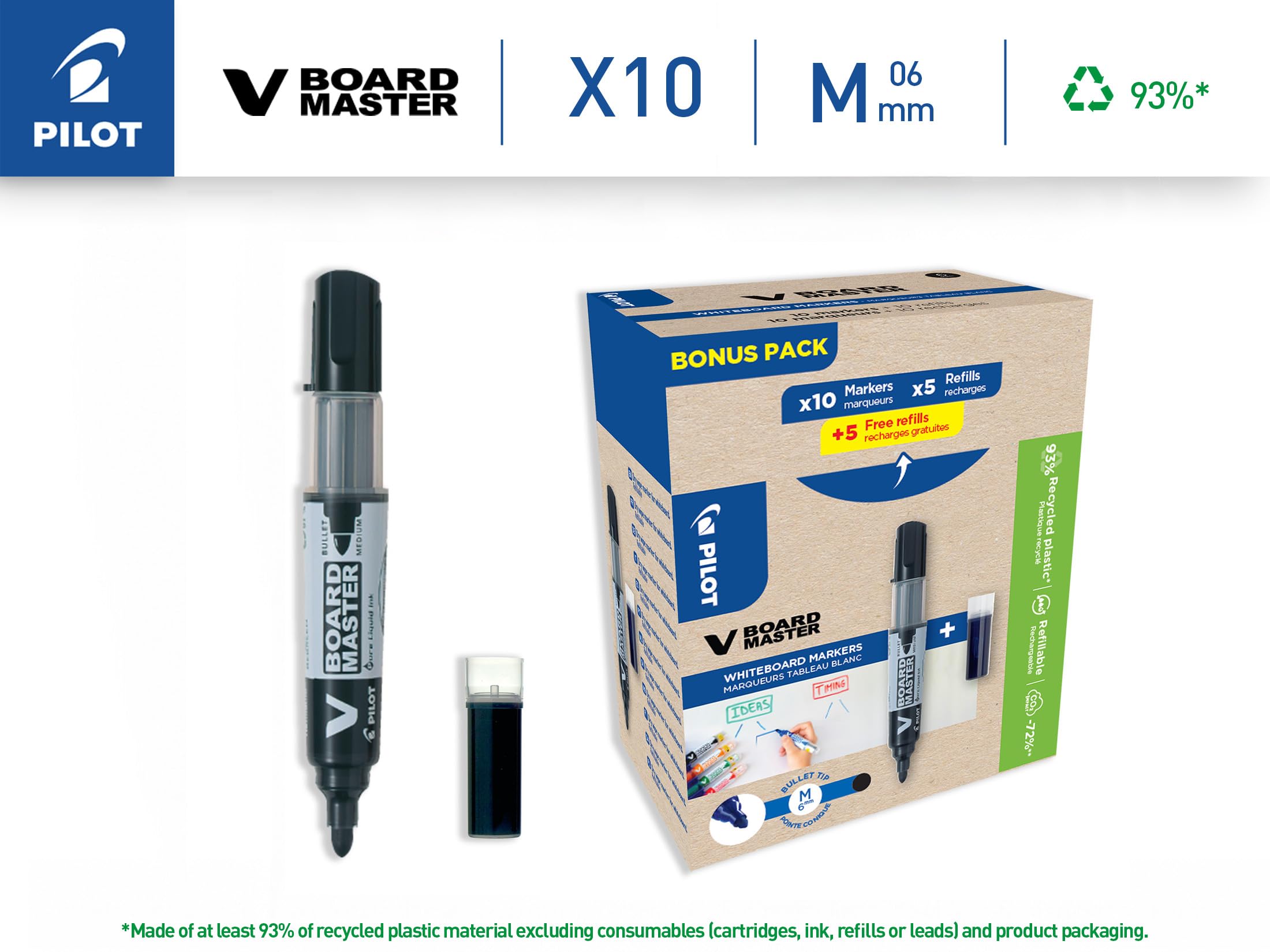 PILOT - Caja de 10 V-Board Master + 10 Recambios - Rotuladores para pizarra blanca borrables en seco - Tinta líquida intensa - Recargables - Negro - Punta Media