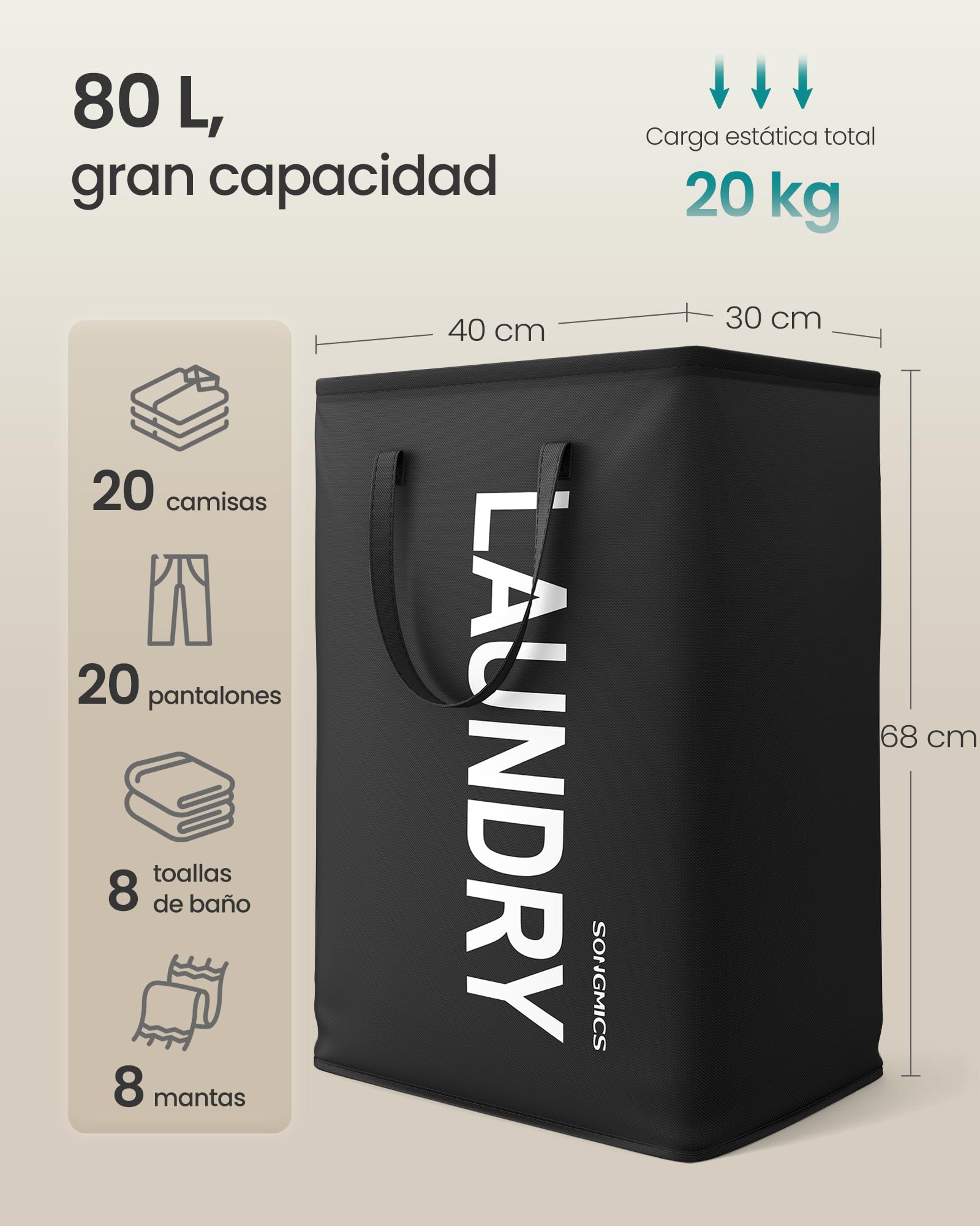 SONGMICS Cesto Ropa Sucia, 80 L, Cesta de Ropa Plegable, con Asa, Bolsa para Ropa, Repelente al Agua, para Lavadero, Dormitorio, Baño, Negro Tinta RLH001BH01
