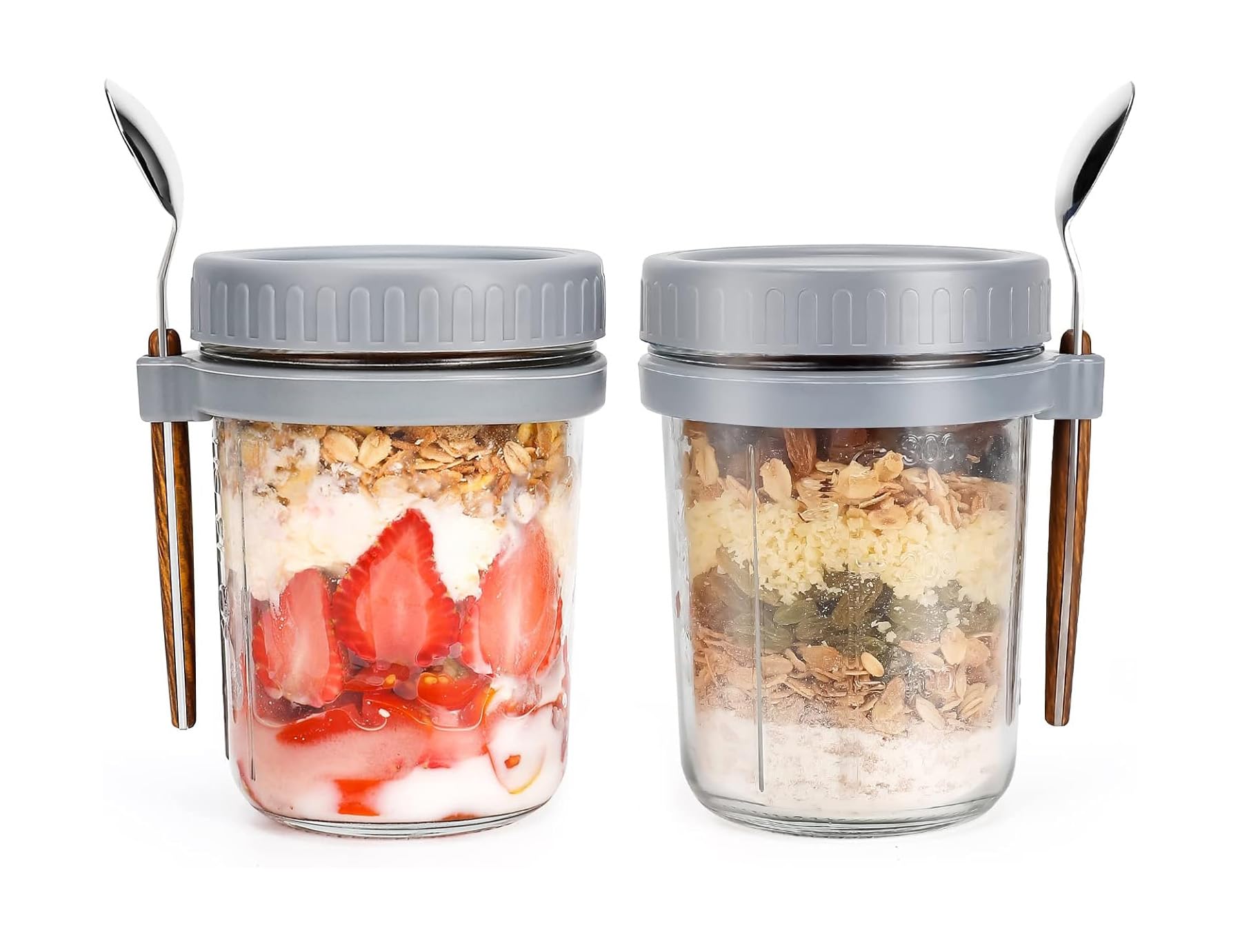 Pecbase Jars with Spoon and Lid, Airtight Oatmeal Container with Measurement Marks,Jars with Lid for Cereal On The Go Container (Gray)