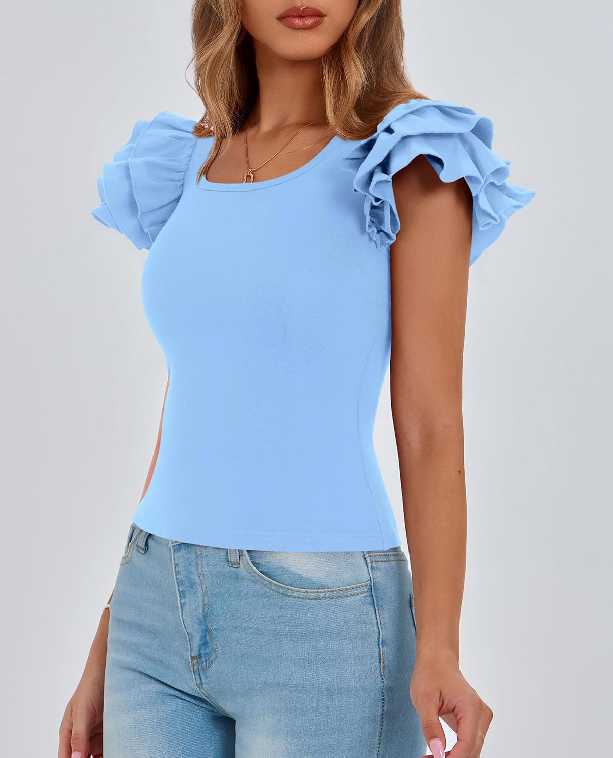 PRETTYGARDEN Women's Ruffle Short Sleeve Shirts 2026 Summer Casual Basic Tee Cute Fitted Crew Neck Fashion Tops Clothes - Image 7