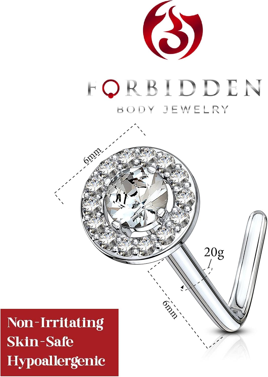 Forbidden Body Jewelry 20g Surgical Steel Fancy Double Tired Big 6mm CZ Halo L Shaped Nose Ring