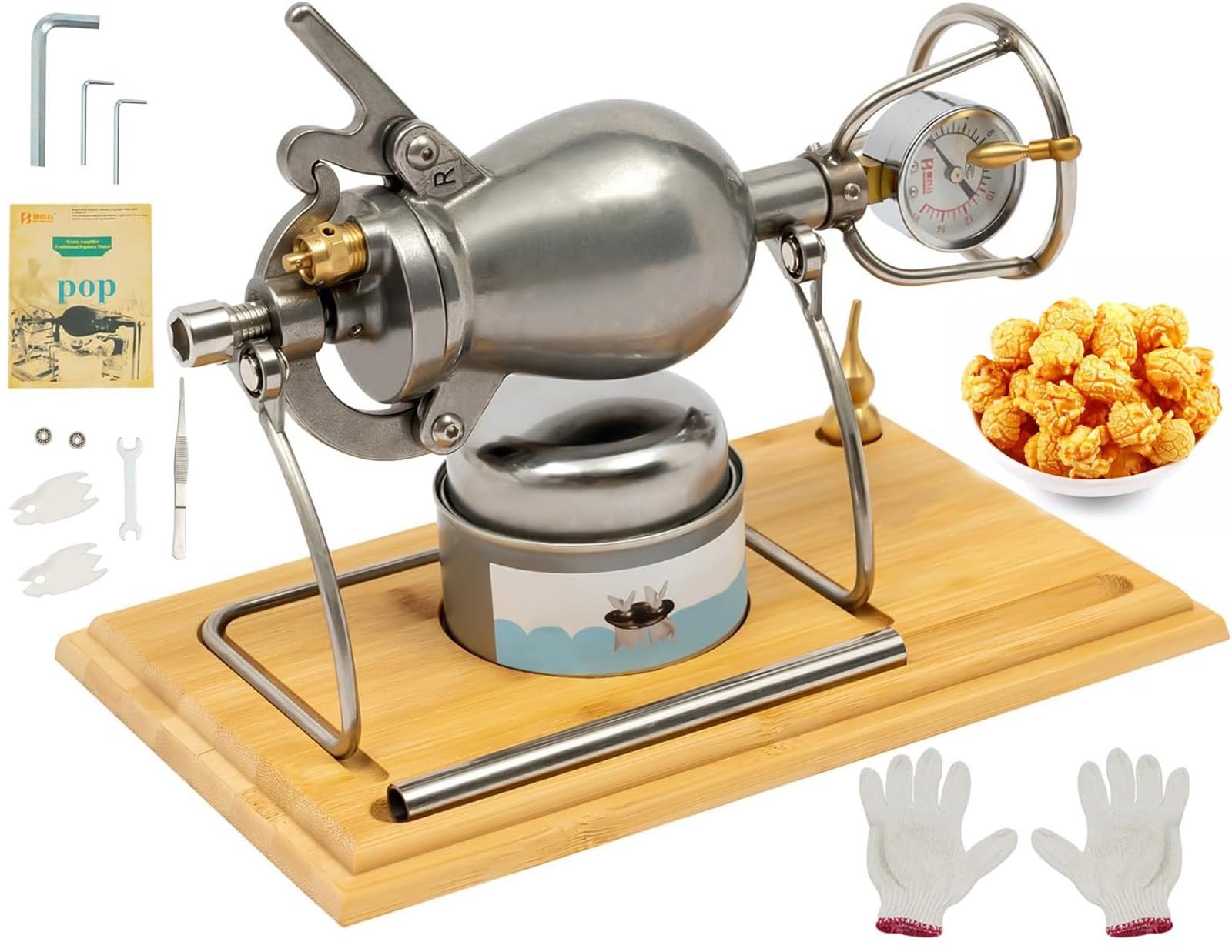 Mini Palomitero Hacer a PresióN, Estilo Retro Palomitera De Acero Inoxidable,Popcorn Maker Con Manivela,Manómetro, Base de madera para el Hogar(Plata,328ml)