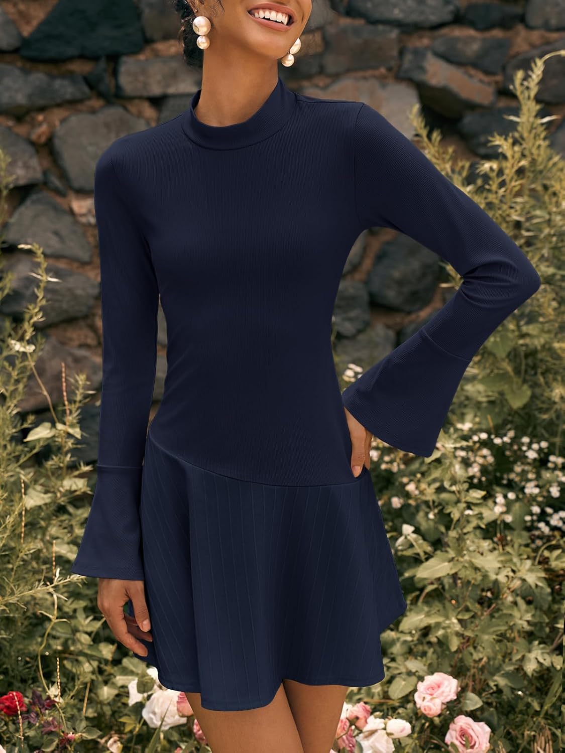 Wenrine Womens Long Bell Sleeve Mini Dress Casual Mock Neck Ruffle Hem Slim Fit Fall Knit Dresses - Image 3