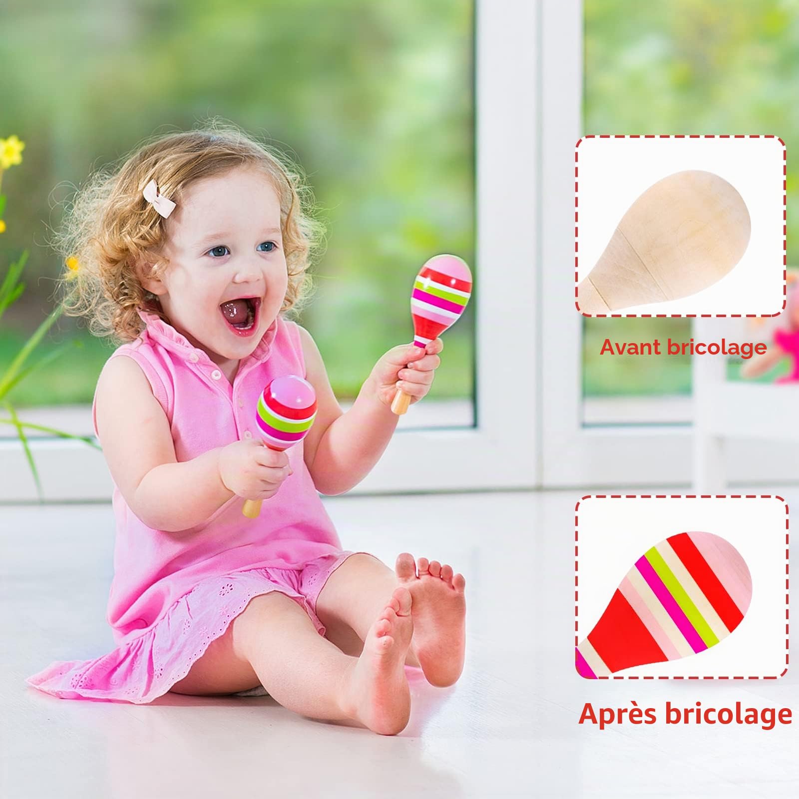 Morcheiong Lot de 24 mini maracas en bois pour enfants avec 24 stylos de peinture acrylique, décorations de fête Cinco de Mayo, MCYQXL-24