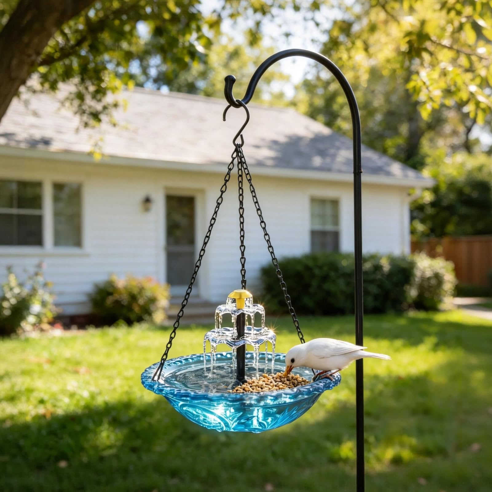 Vogeltränke Hängend mit Solarbrunnen, Solar Vogeltränke Balkon, Vogelbad Garten zum Aufhängen, Wassertränke für Vögel mit Springbrunnen Wasserspiel,Metall Trinkschale Vögel für Garten Hof Outdoor (A)