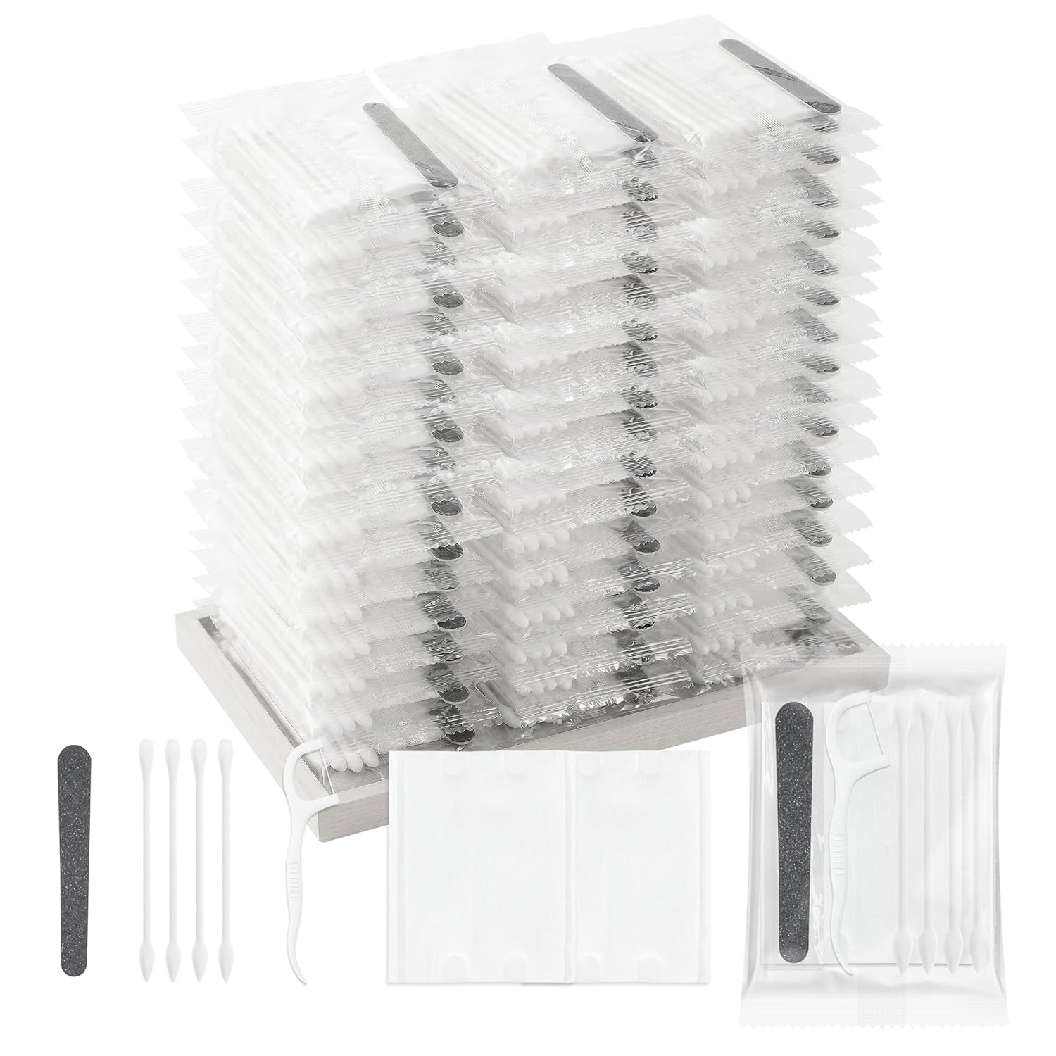 Bulk Vanity Kits, Hotel Vanity Kits in Individual Packaging, Featuring Cotton Pads, Cotton Swabs, Dental Floss, and Nail Files. Ideal for Travel, Hotels, and Home Use (200-PACK)