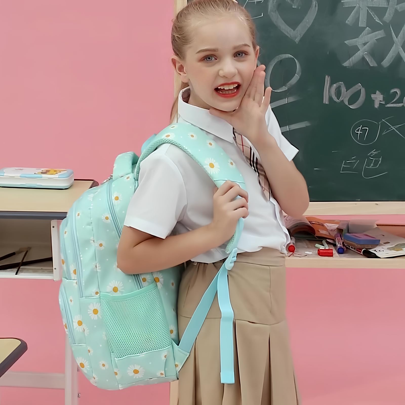 Joyfulife Daisy Printed Backpack for Girls Backpack with Lunch Box Kids Backpack for School Lightweight Water Resistant Primary School Bags Elementary Bookbags Set