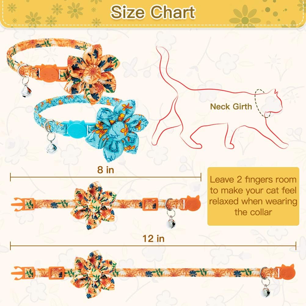 BINGPET Floral Breakaway Cat Collar with Bells, 2 Pack Adjustable Soft Pet Kitten Collars with Adorable Flower Patterns and Detachable Flower Accessories for Cats Kitties