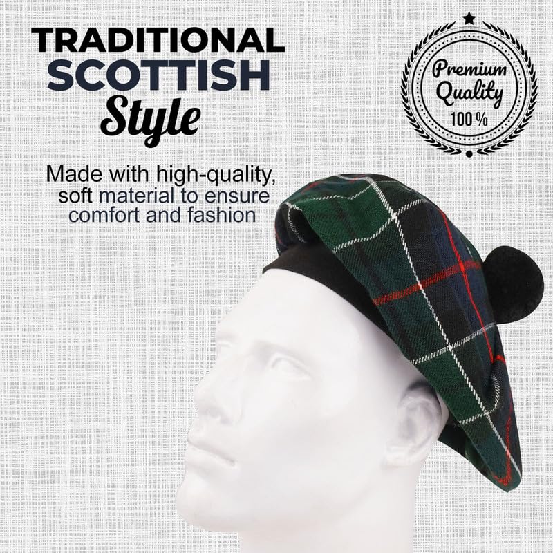 Image of Scottish Tam O' Shanter Hat Tartan Bonnet Pom Pom Wool Flat Cap One Size