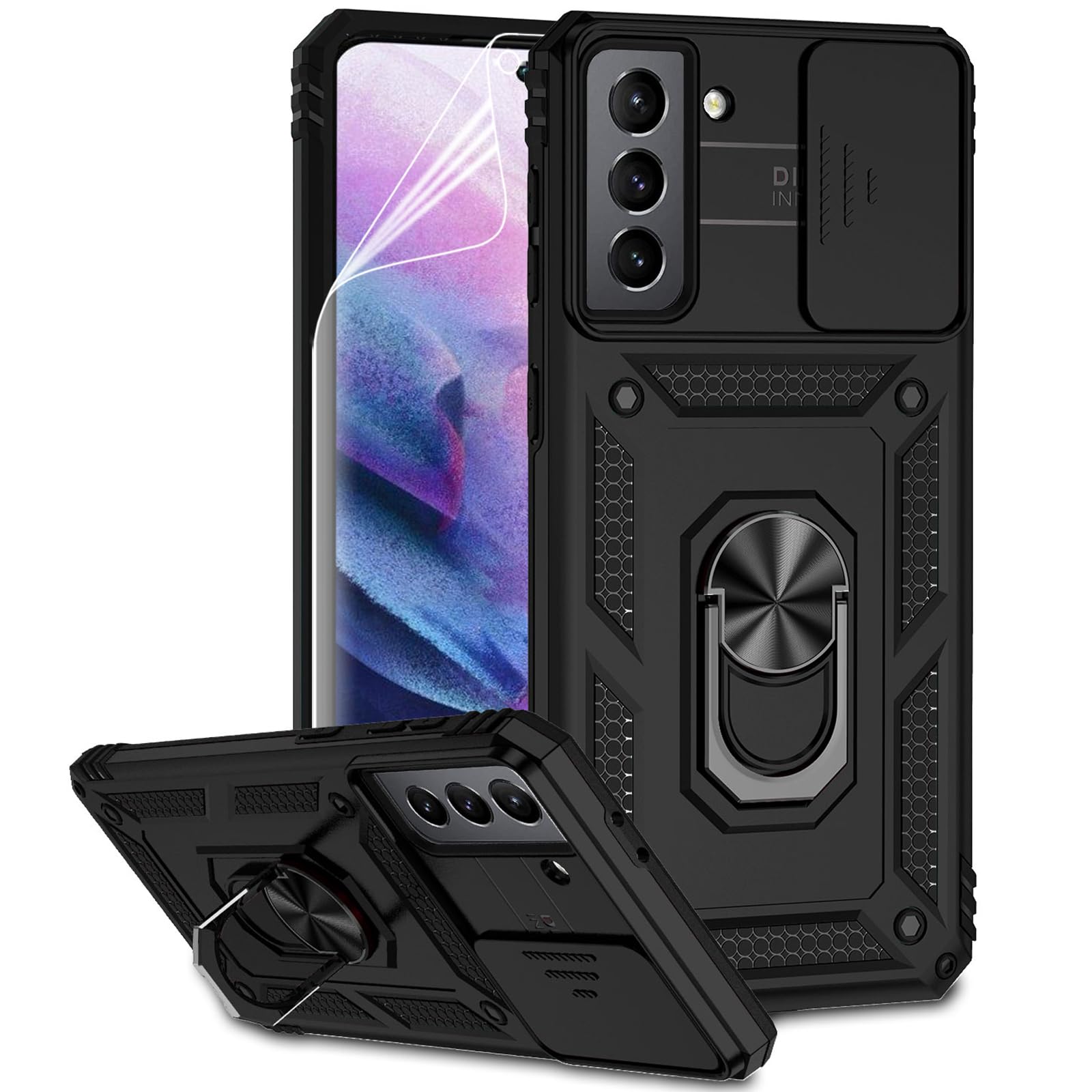 for Samsung Galaxy S21 Plus Case with Camera Lens Cover HD Screen Protector, Military-Grade Drop Tested Magnetic Ring Holder Kickstand Protective Phone Case for Samsung Galaxy S21+ Plus 5G (Black)