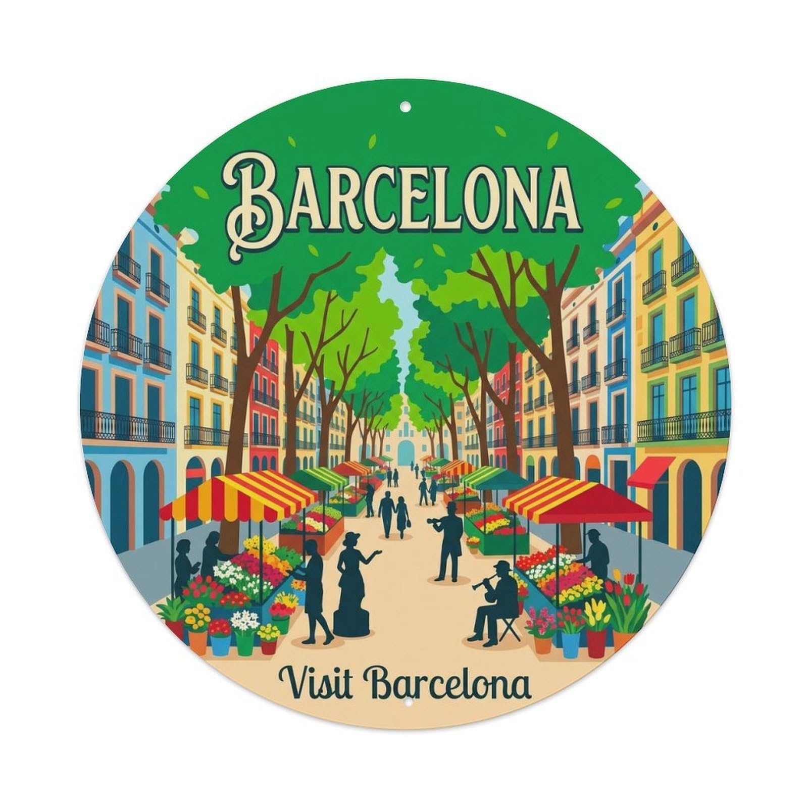 Barcelona La Rambla Vintage Travel Street City Landmark Metal Tin Sign Plaque Wall Decor for Cafe, Man Cave, Club Bar, Office, Home Garden Round Metal Poster 8x8Inch