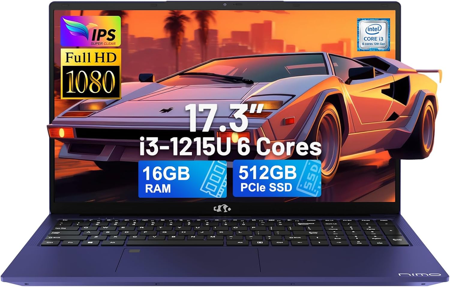 NIMO 17.3" IPS FHD-Laptop, Intel 6 Cores i3-1215U 16GB RAM 512GB SSD (Beat Ryzen 5 7520U, Up to 4.4GHz) Computer with 65W GaN Type C Fingerprint Backlit Keyboard, for Home Student and Business Blue