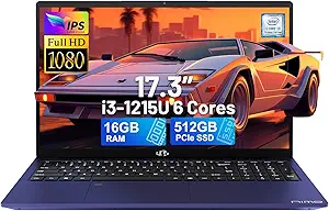 NIMO 17.3" IPS FHD-Laptop, Intel 6 Cores i3-1215U 16GB RAM 512GB SSD (Beat Ryzen 5 7520U, Up to 4.4GHz) Computer with 65W GaN Type C Fingerprint Backlit Keyboard, for Home Student and Business Blue