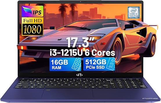 NIMO 17.3" IPS FHD-Laptop, Intel 6 Cores i3-1215U 16GB RAM 512GB SSD (Beat Ryzen 5 7520U, Up to 4.4GHz) Computer with 65W GaN Type C Fingerprint Backlit Keyboard, for Home Student and Business Blue