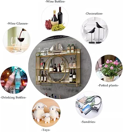 Miniatura 6 de Estante de vino montado en la pared, elegante marco de hierro de 3 niveles con soporte de vidrio y estante de almacenamiento, perfecto para cocina,