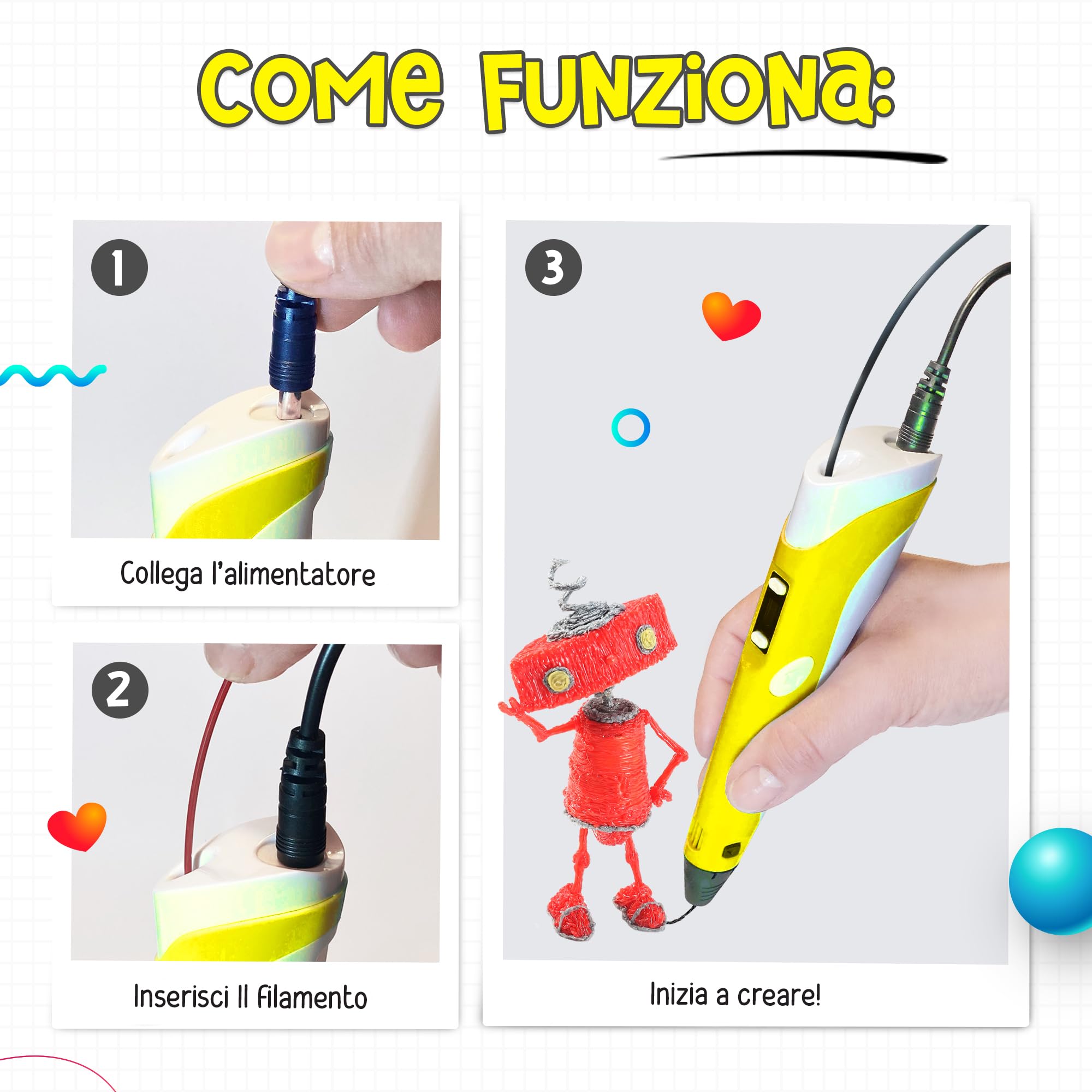 The Italian Home® Penna 3D Plus + Filamenti PLA 20 colori (4 Fluoerescenti) + Istruzioni in Italiano e Guida illustrata in Omaggio, Penna 3D Professionale, Cose utili, Idee Regalo