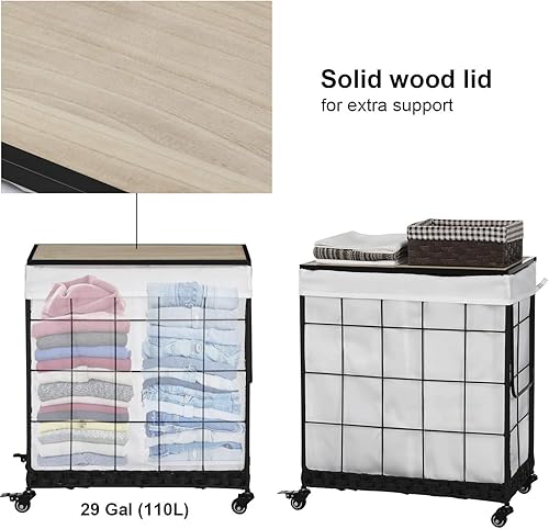 Miniatura 4 de Durable Laundry Hamper with Removable Liner Bag, Heavy Duty Wheels, Wood Lid and Metal Handle - Clothes Sorter and Laundry Basket in White