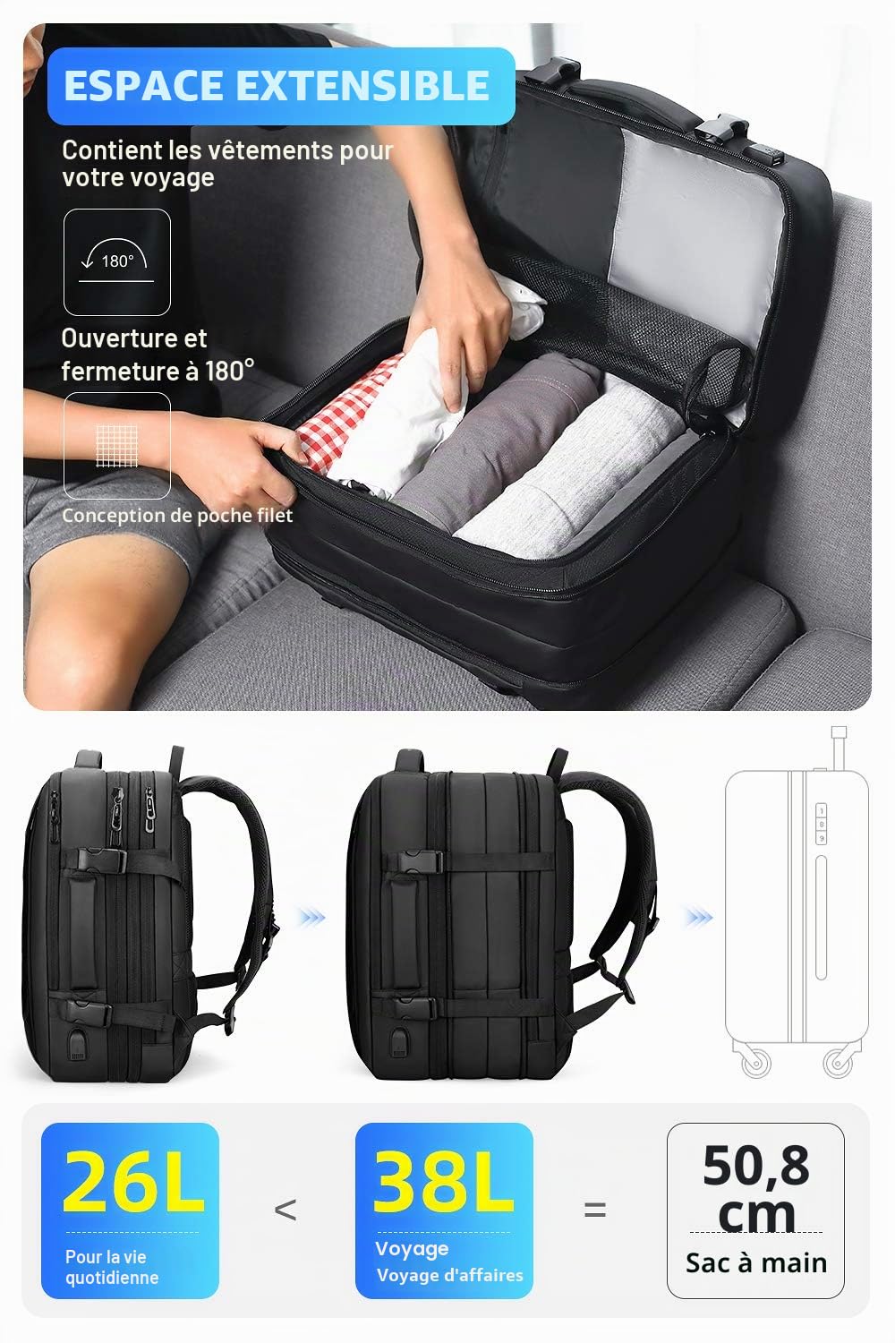 MARK RYDEN Sac à Dos Extensible 25L-40L Business Pour Homme 17,3 Pouces, Sacoche Ordinateur Portable Avec Port USB, Étanche Antivol