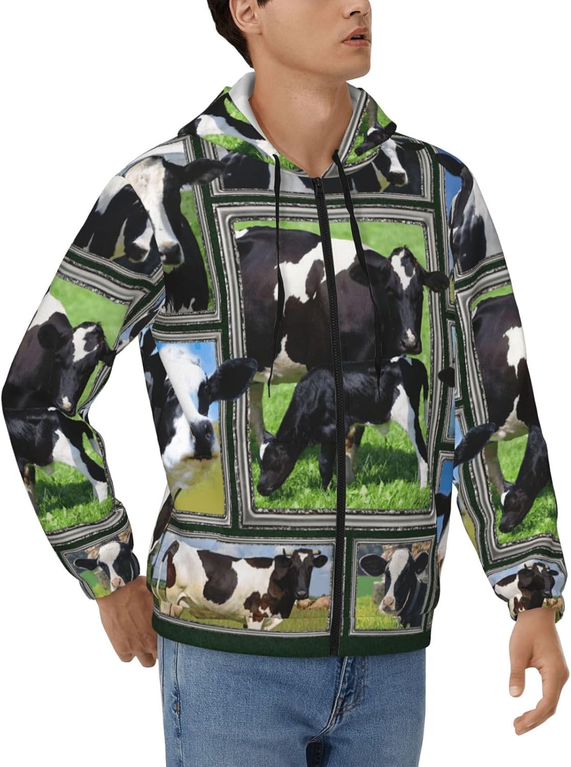 パーカー メンズ 長袖 牛柄 動物柄 白黒 秋服 冬服 厚手 ジップ トレーナーカジュアル トップス フード付き スウェット